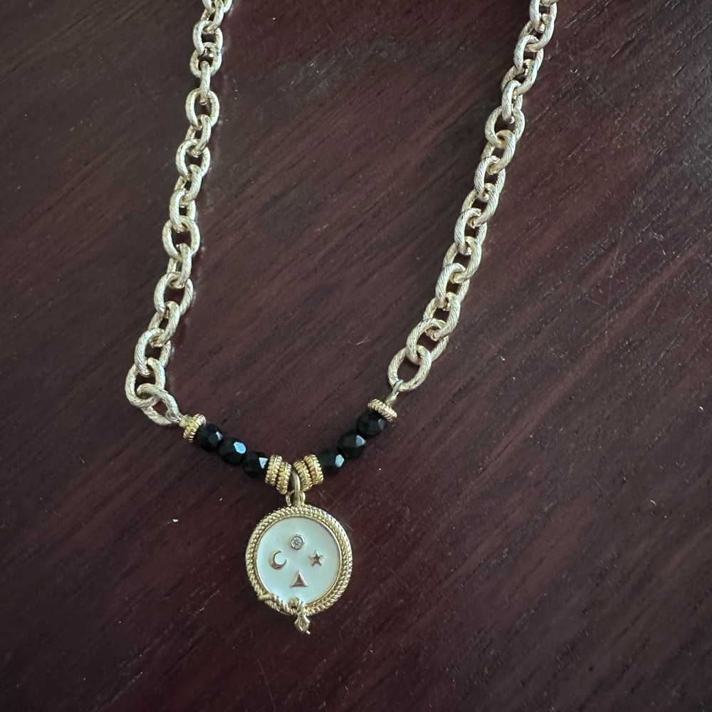 Gold-Tone Moon & Star Pendant Necklace with Black Bead Accents